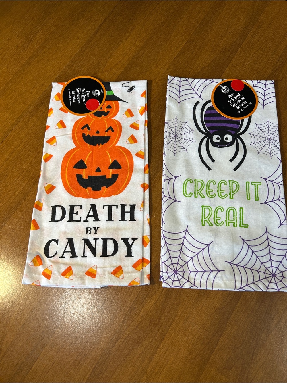 Halloween Flour Sack Tea Towels - Orange Pumpkin & Purple Spider